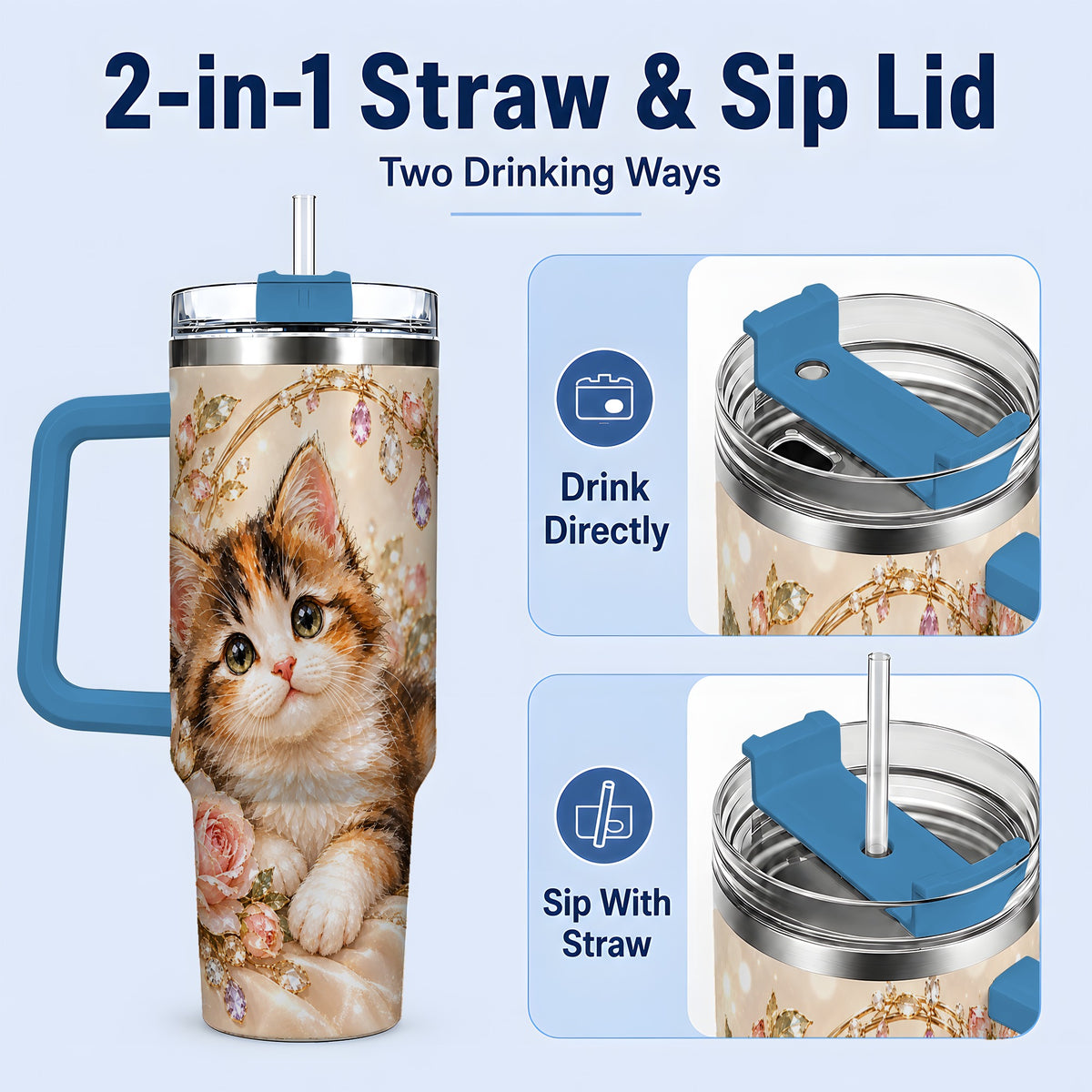 #pl[40oz|Blue] Jewel-Inspired Calico Kitten 40oz Tumbler for Cat Lovers