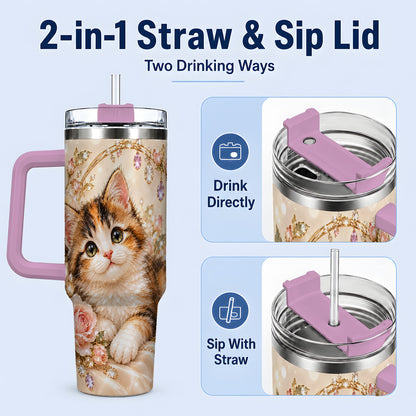 #pl[40oz|Pink] Jewel-Inspired Calico Kitten 40oz Tumbler for Cat Lovers