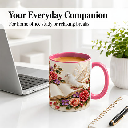#pl[11oz|Pink] White Dove Floral Accent Mug, Ceramic Mug with Rose Artwork