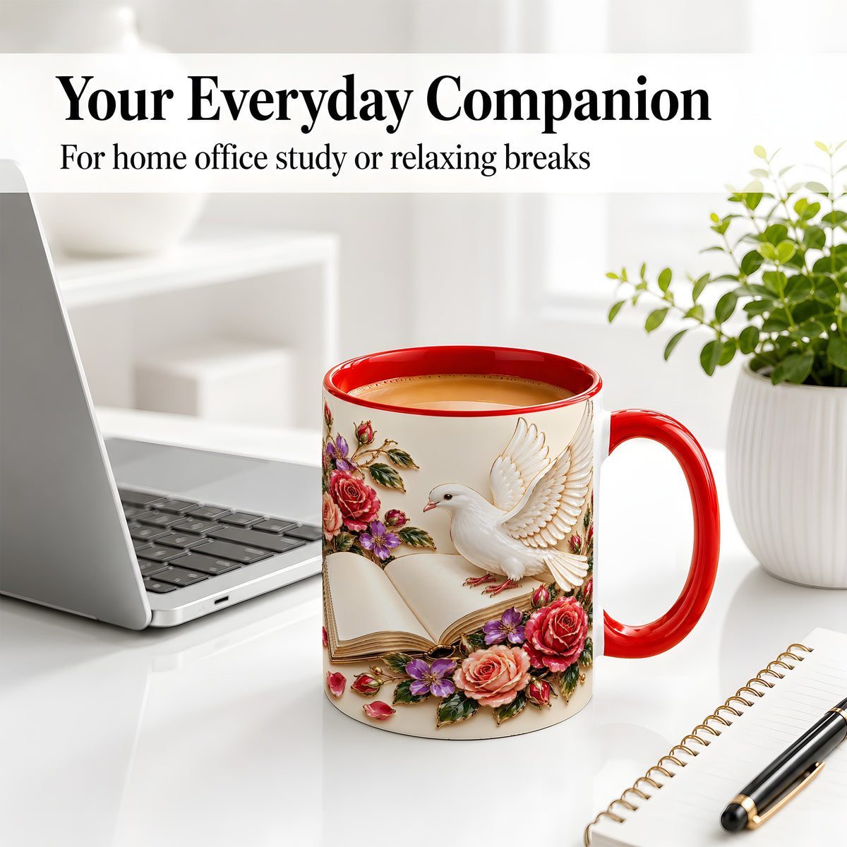 #pl[11oz|Red] White Dove Floral Accent Mug, Ceramic Mug with Rose Artwork