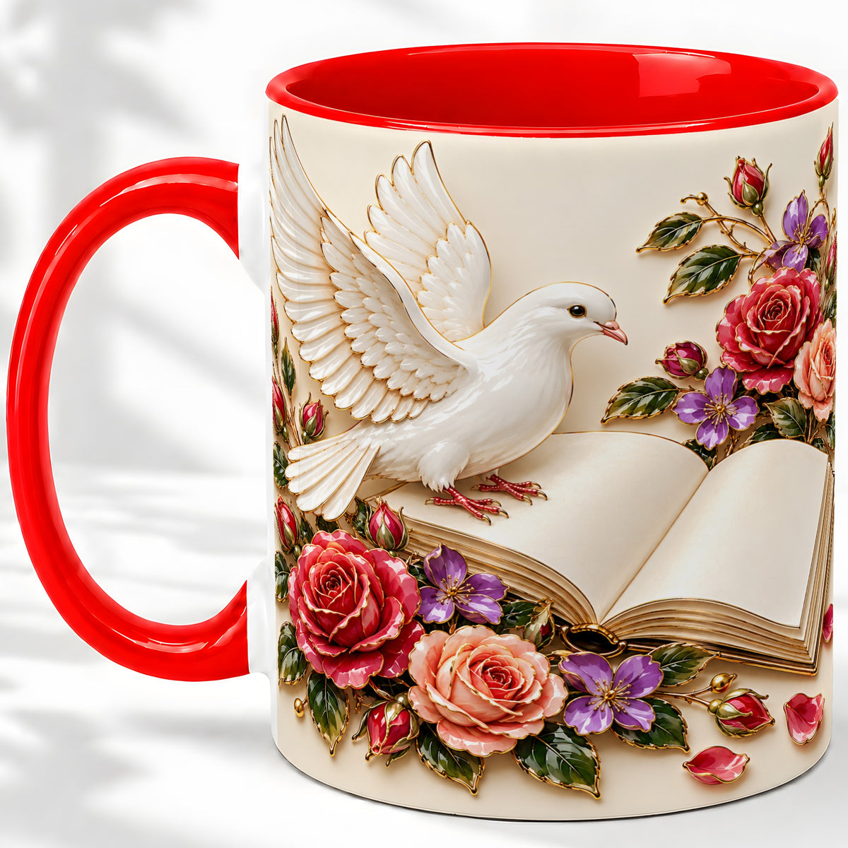 White Dove Floral Accent Mug, Ceramic Mug with Rose Artwork