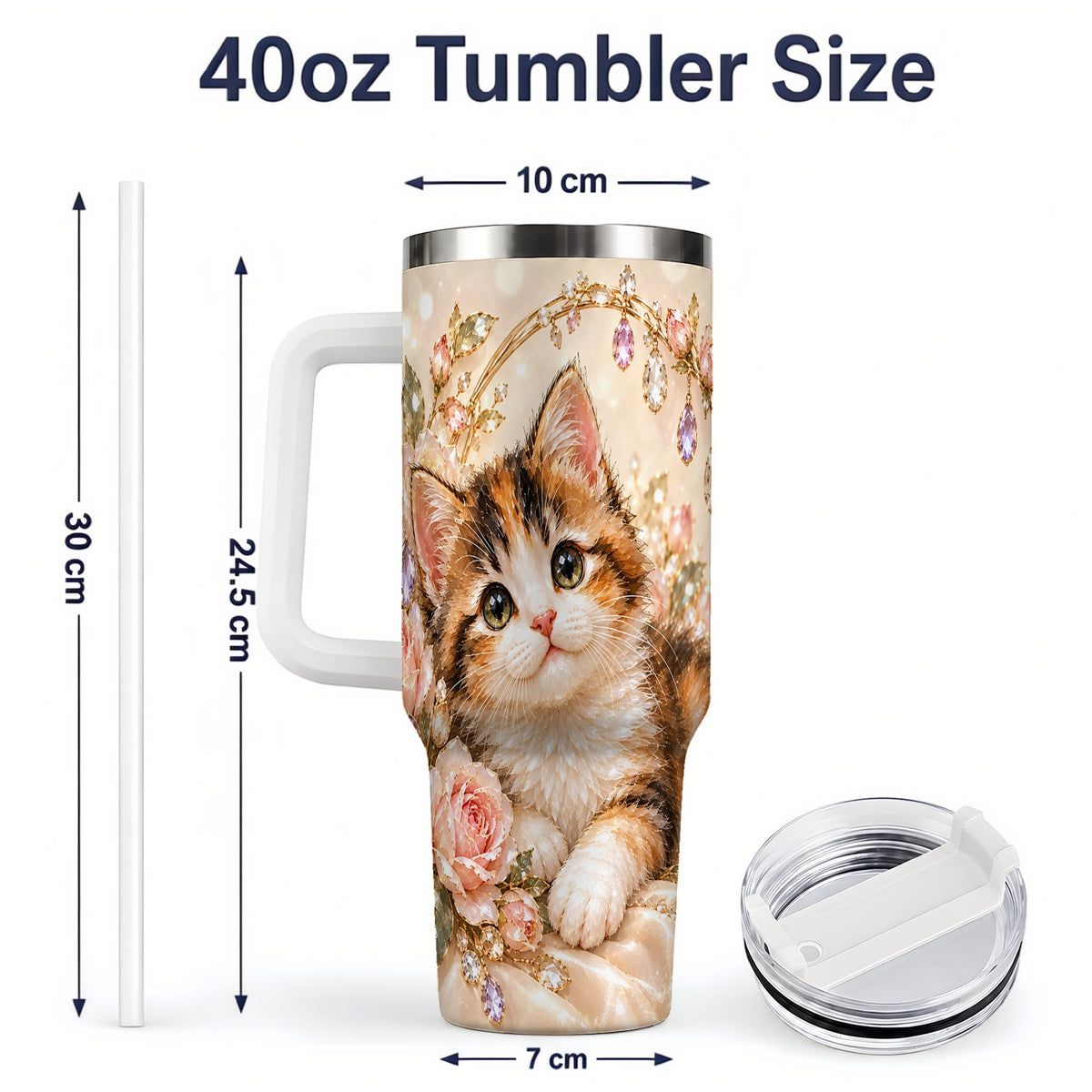 #pl[40oz|White] Jewel-Inspired Calico Kitten 40oz Tumbler for Cat Lovers