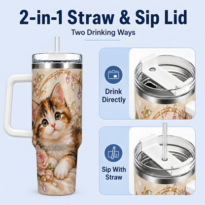 #pl[40oz|White] Jewel-Inspired Calico Kitten 40oz Tumbler for Cat Lovers