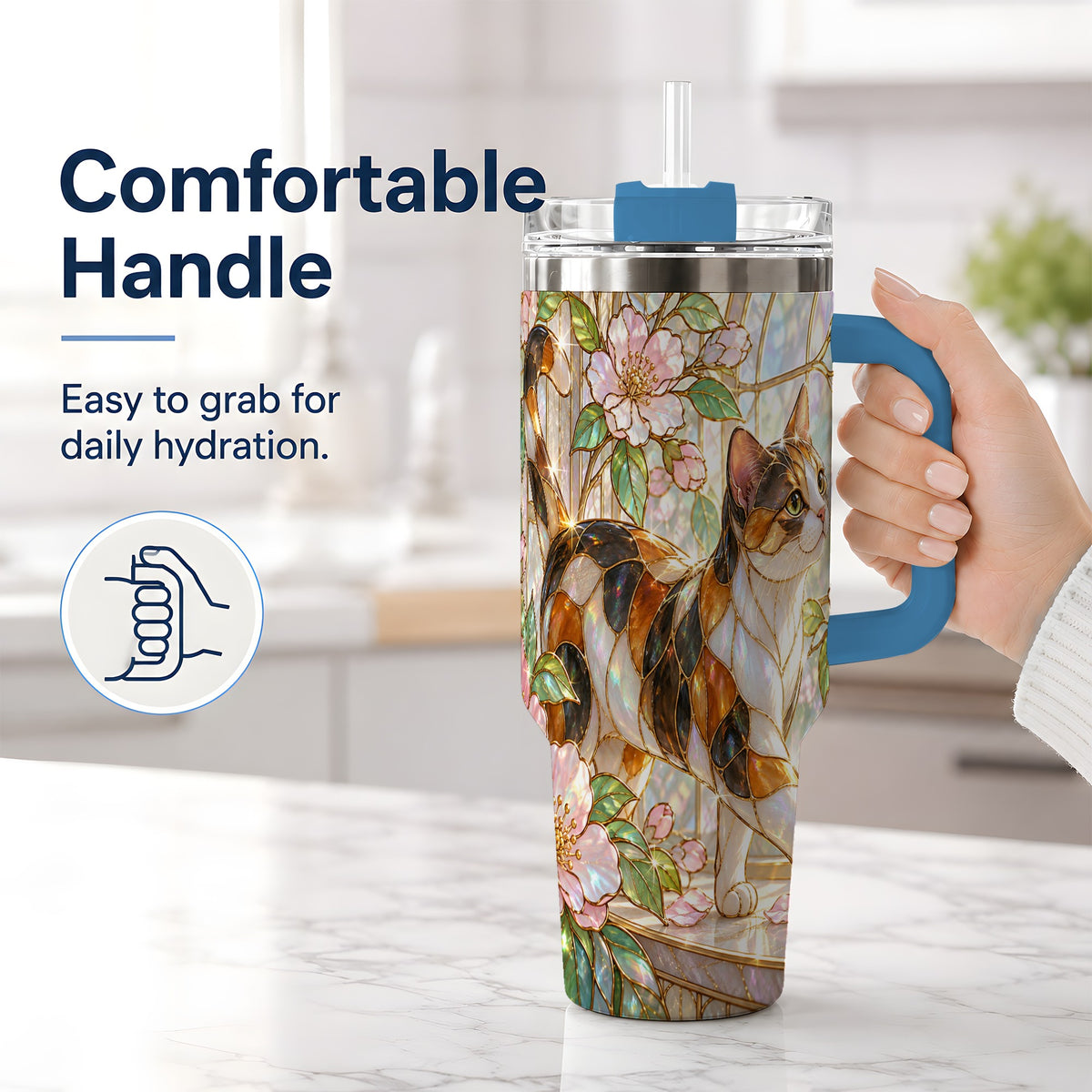 #pl[40oz|Blue] Stained Glass Style Cat 40oz Tumbler for Cat Lovers