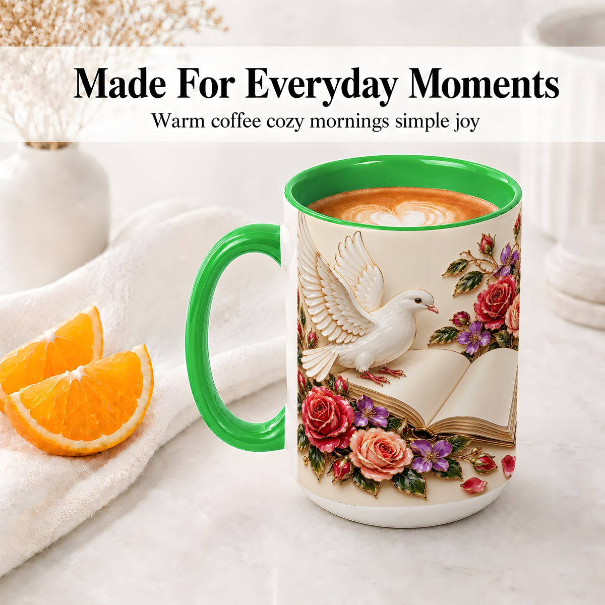 #pl[15oz|Green] White Dove Floral Accent Mug, Ceramic Mug with Rose Artwork