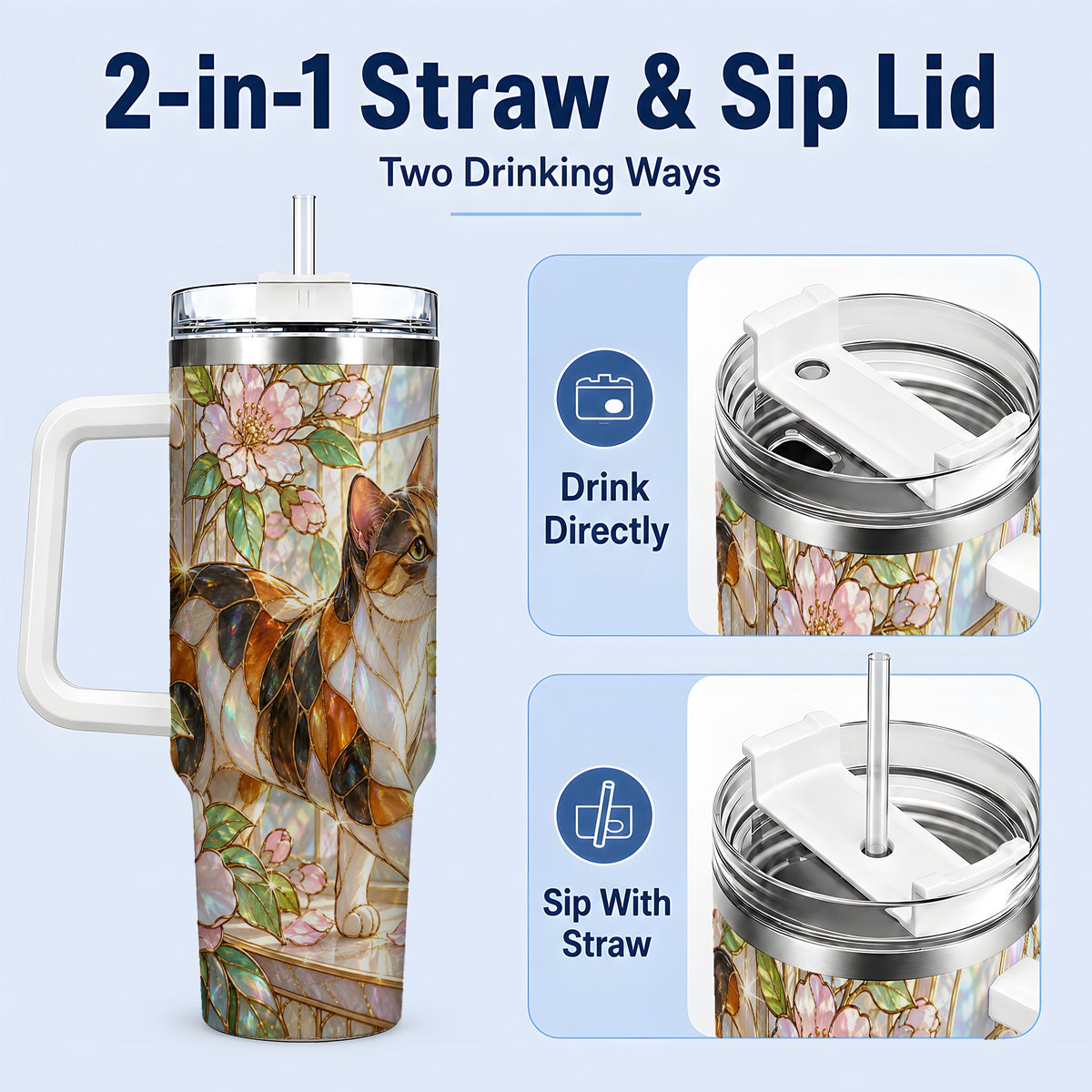 #pl[40oz|White] Stained Glass Style Cat 40oz Tumbler for Cat Lovers