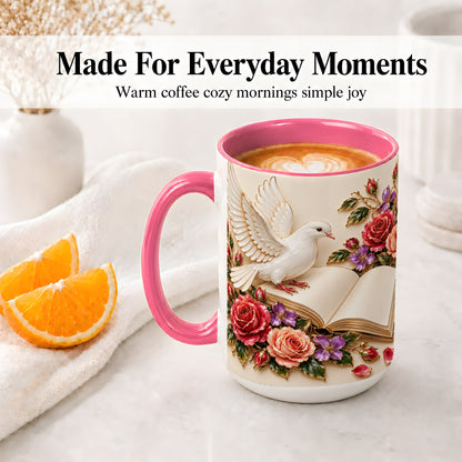 #pl[15oz|Pink] White Dove Floral Accent Mug, Ceramic Mug with Rose Artwork