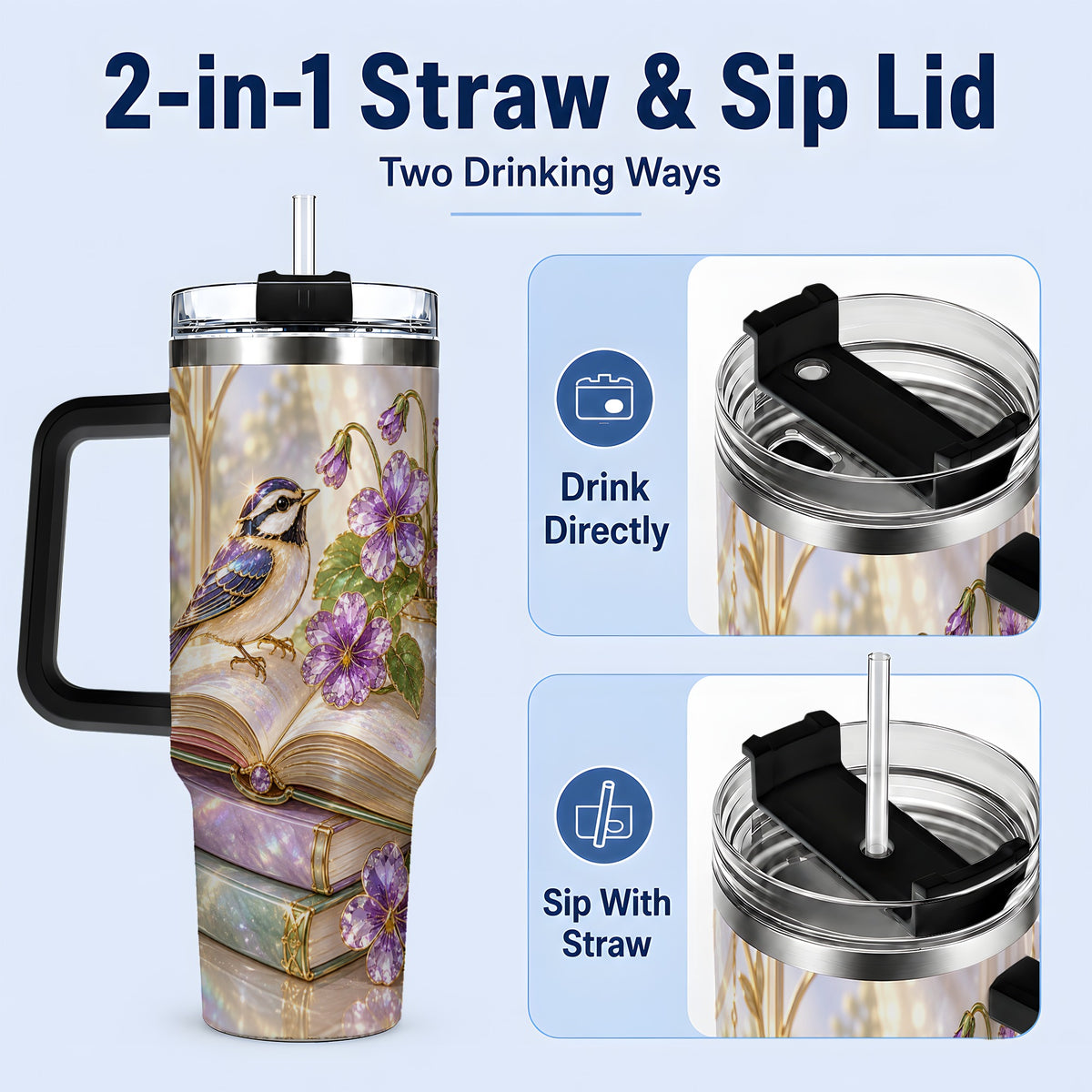 #pl[40oz|Black] Blue Bird Purple Flowers 40oz Tumbler for Book Lovers