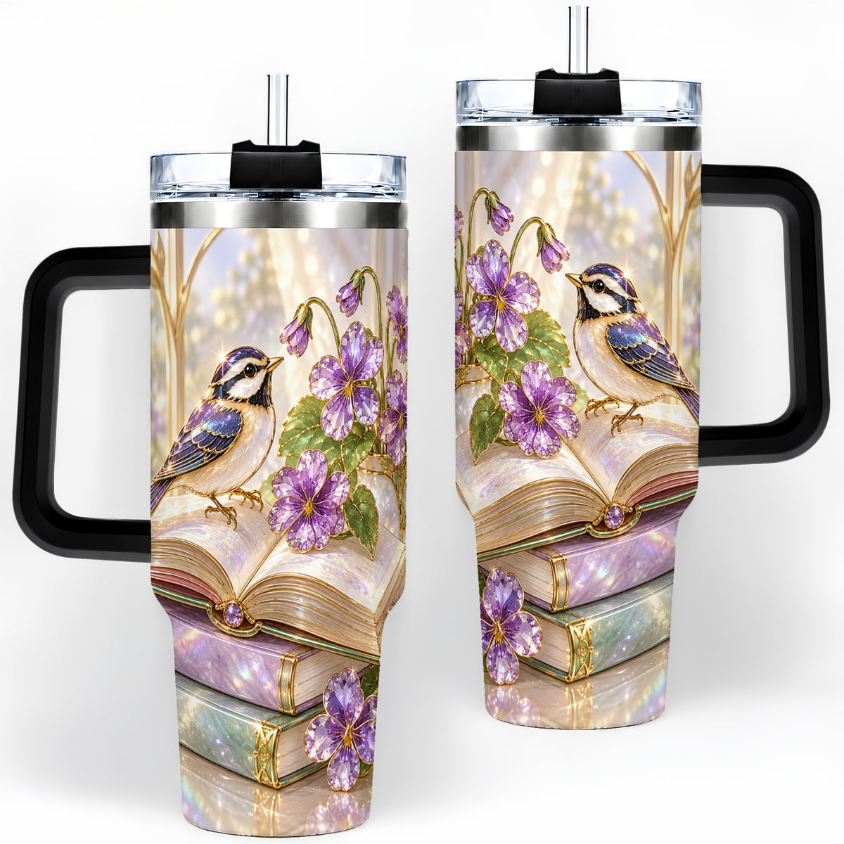 #pl[40oz|Black] Blue Bird Purple Flowers 40oz Tumbler for Book Lovers