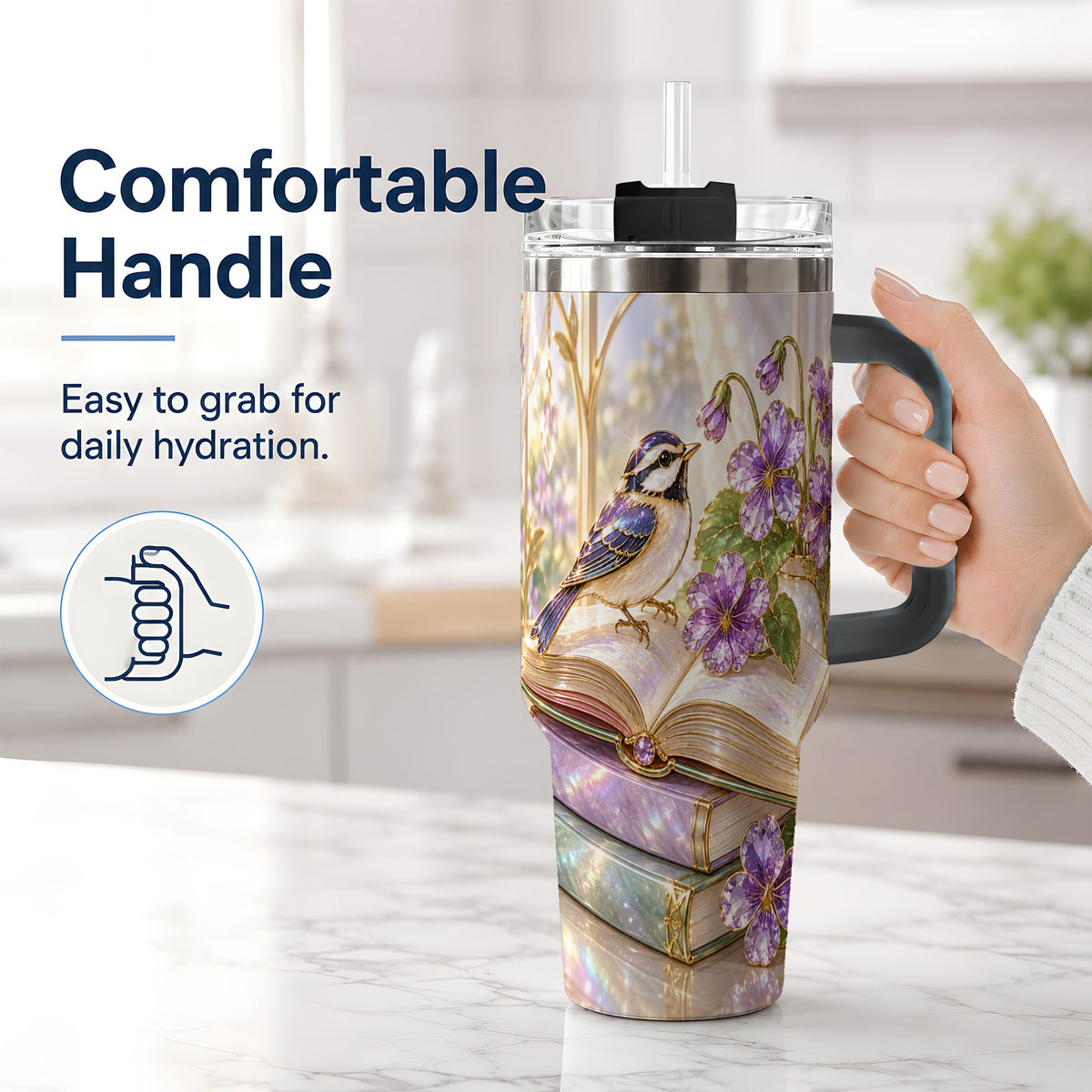 #pl[40oz|Black] Blue Bird Purple Flowers 40oz Tumbler for Book Lovers