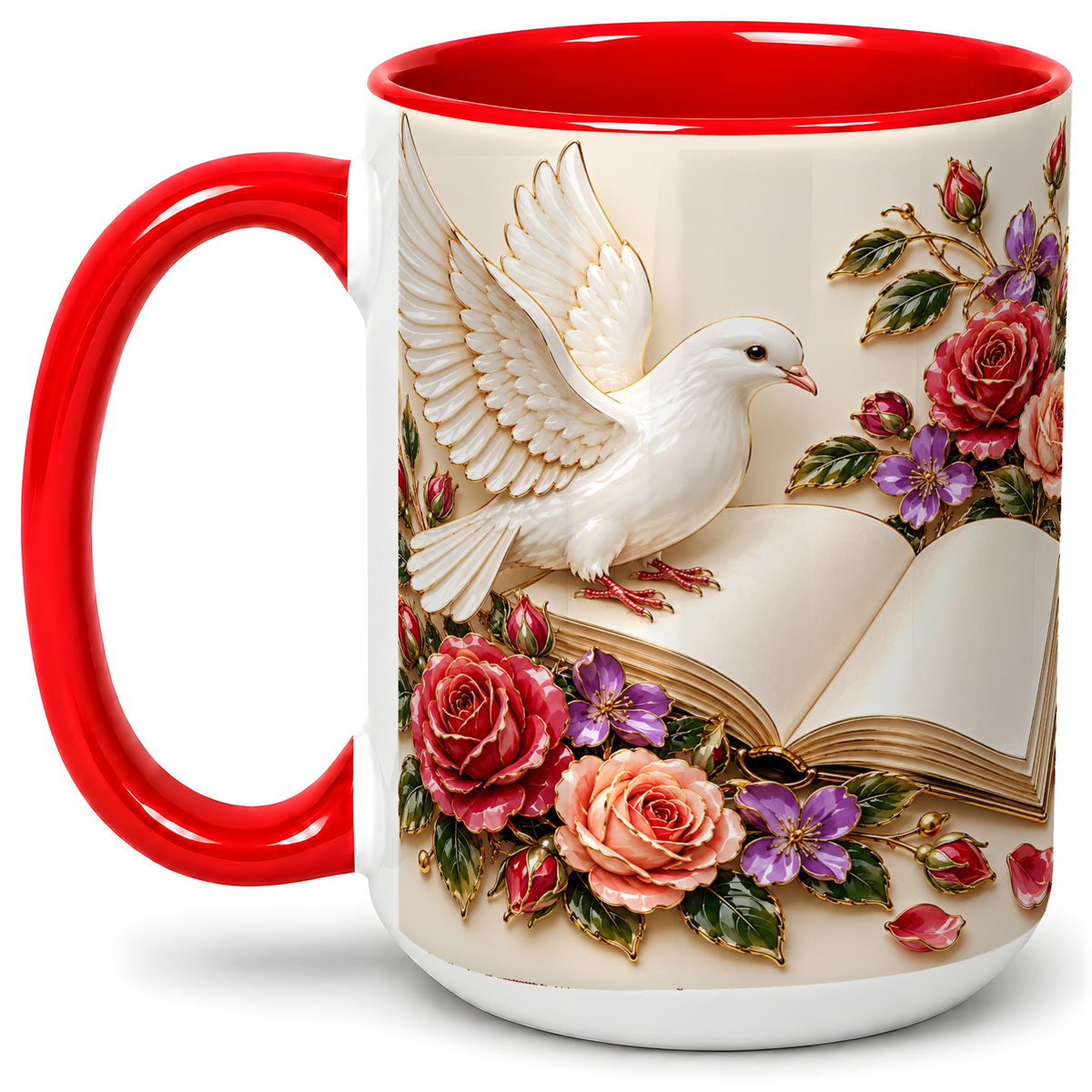 #pl[15oz|Red] White Dove Floral Accent Mug, Ceramic Mug with Rose Artwork