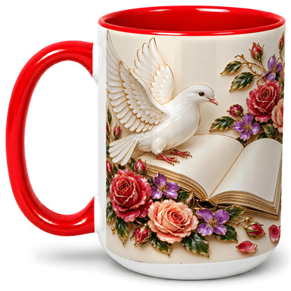 #pl[15oz|Red] White Dove Floral Accent Mug, Ceramic Mug with Rose Artwork