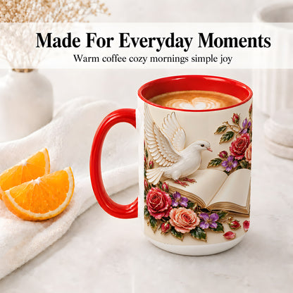 #pl[15oz|Red] White Dove Floral Accent Mug, Ceramic Mug with Rose Artwork