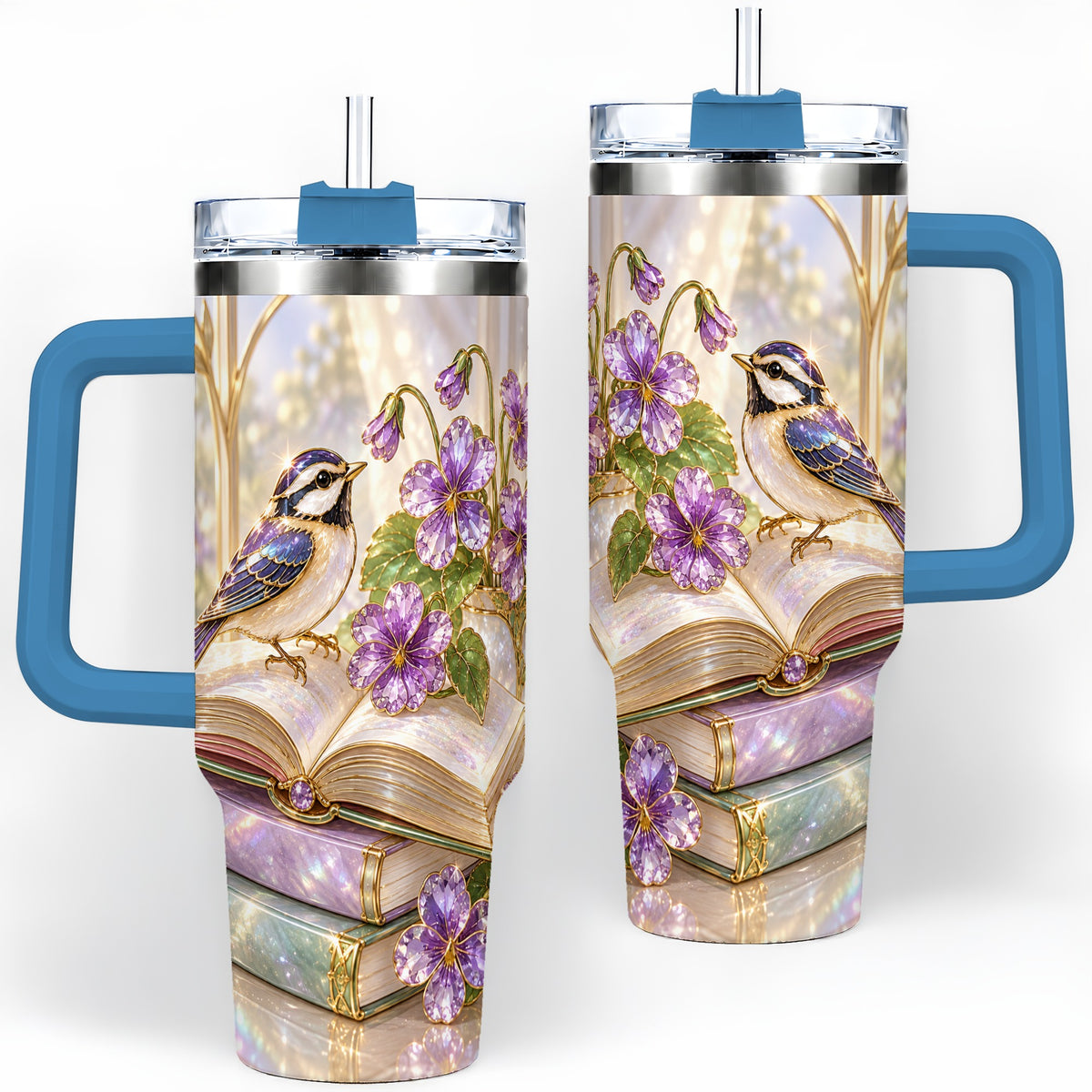 #pl[40oz|Blue] Blue Bird Purple Flowers 40oz Tumbler for Book Lovers