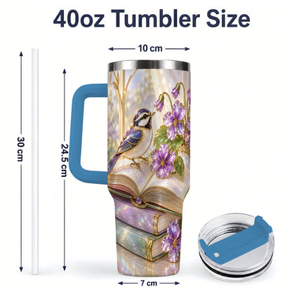 #pl[40oz|Blue] Blue Bird Purple Flowers 40oz Tumbler for Book Lovers