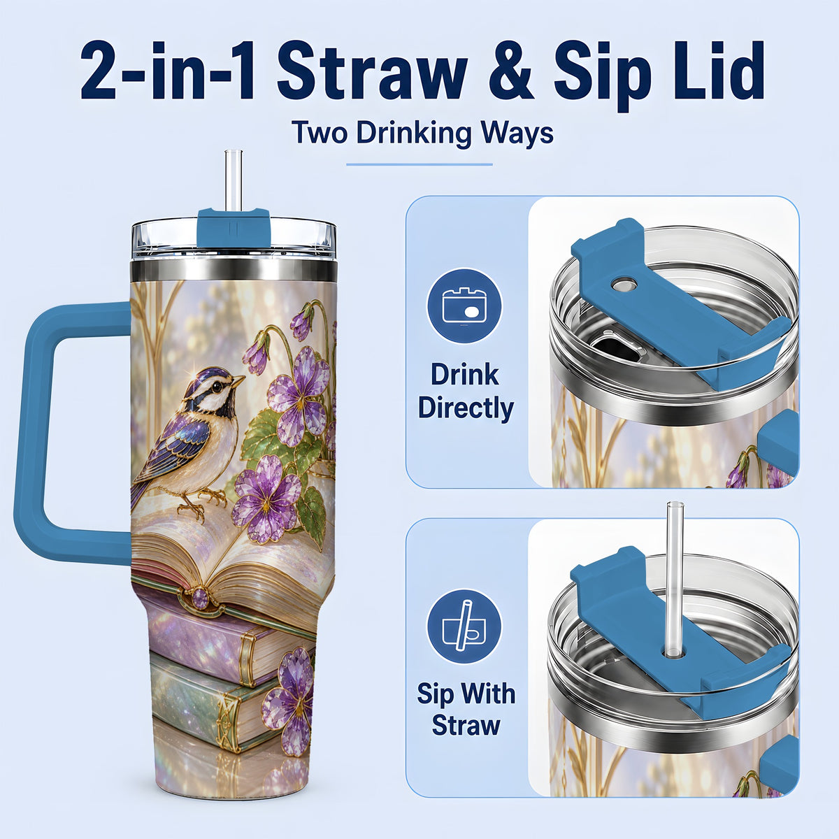 #pl[40oz|Blue] Blue Bird Purple Flowers 40oz Tumbler for Book Lovers