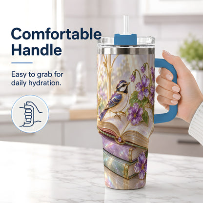 #pl[40oz|Blue] Blue Bird Purple Flowers 40oz Tumbler for Book Lovers