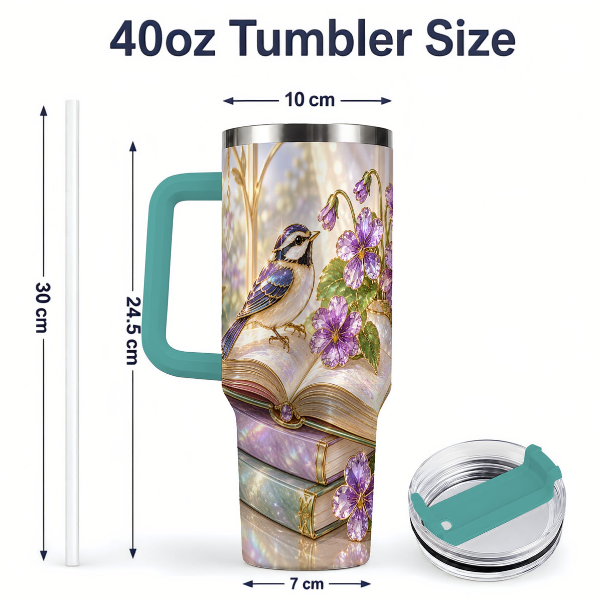 #pl[40oz|Green] Blue Bird Purple Flowers 40oz Tumbler for Book Lovers