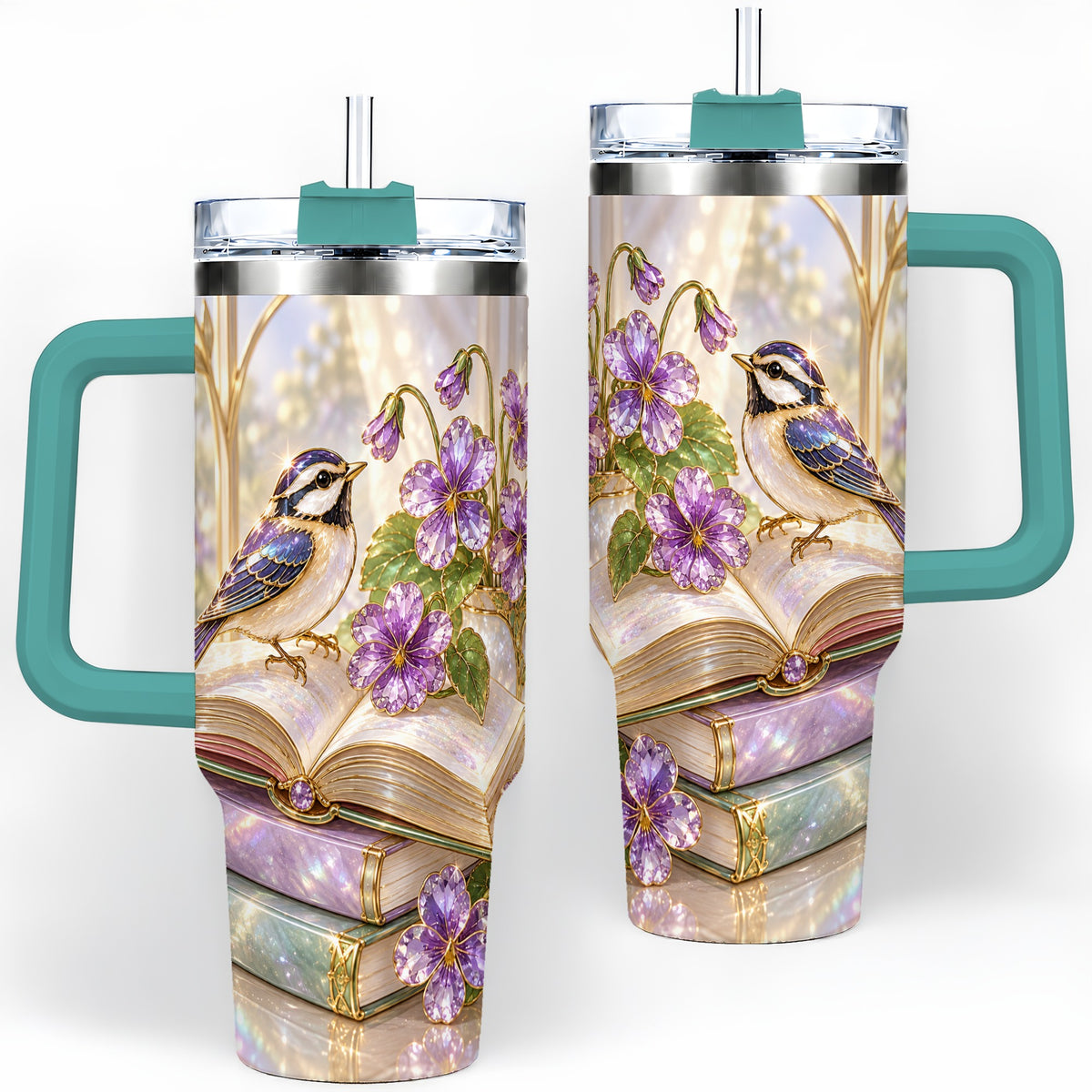 #pl[40oz|Green] Blue Bird Purple Flowers 40oz Tumbler for Book Lovers
