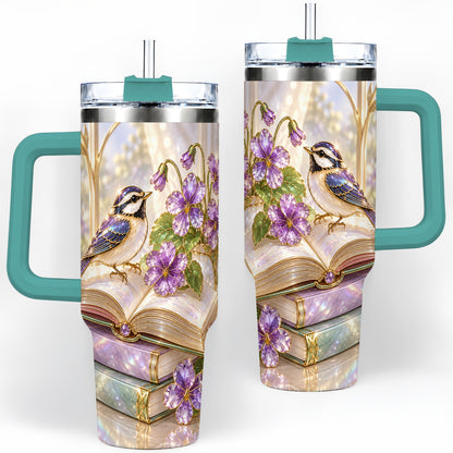 #pl[40oz|Green] Blue Bird Purple Flowers 40oz Tumbler for Book Lovers