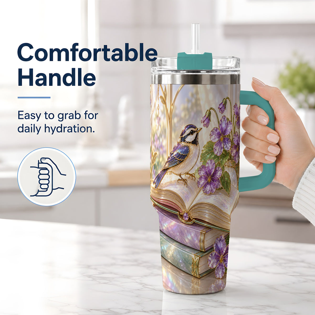 #pl[40oz|Green] Blue Bird Purple Flowers 40oz Tumbler for Book Lovers