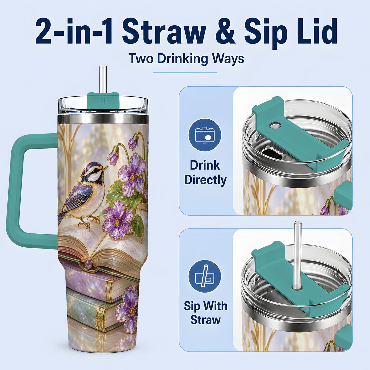 #pl[40oz|Green] Blue Bird Purple Flowers 40oz Tumbler for Book Lovers