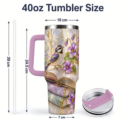 #pl[40oz|Pink] Blue Bird Purple Flowers 40oz Tumbler for Book Lovers