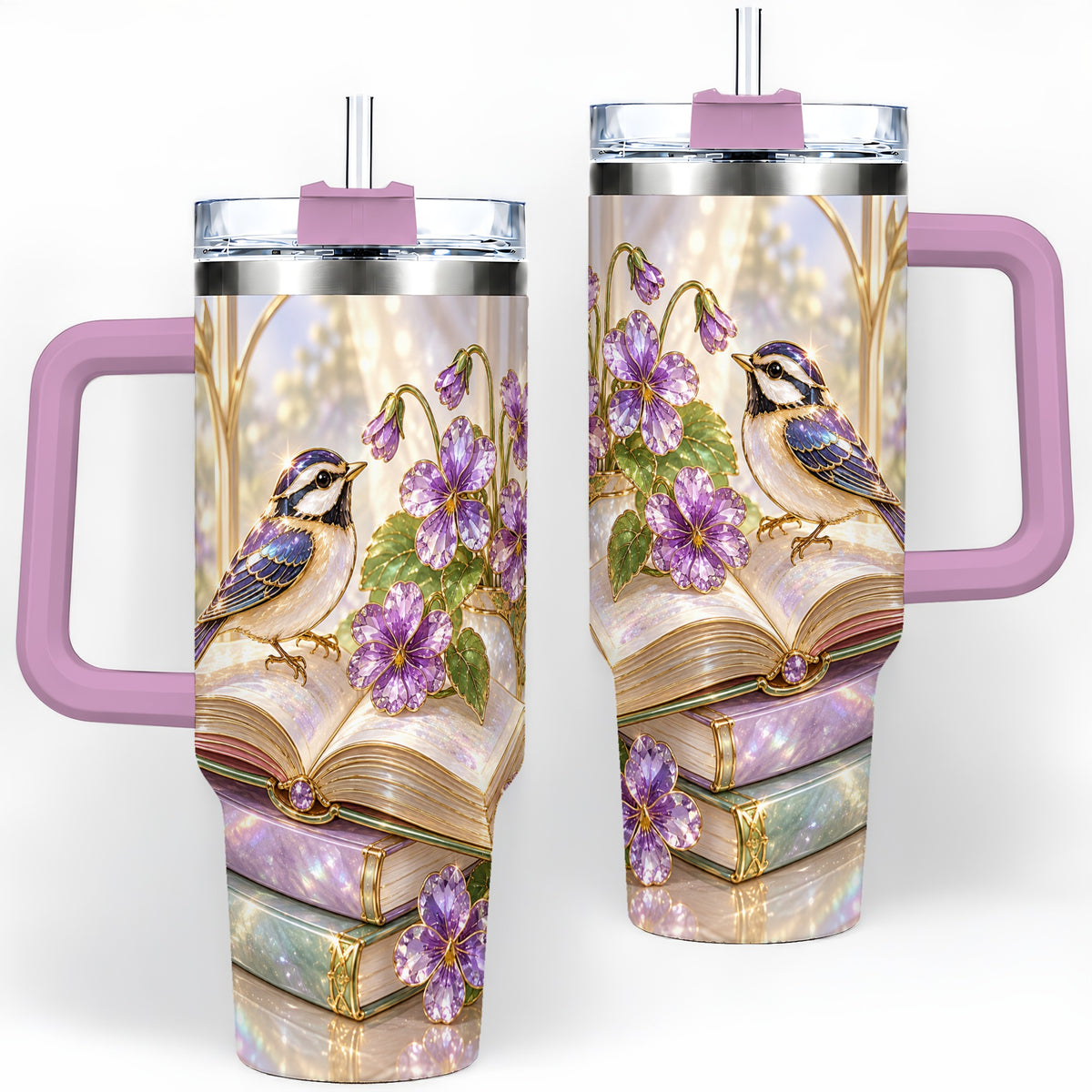 #pl[40oz|Pink] Blue Bird Purple Flowers 40oz Tumbler for Book Lovers