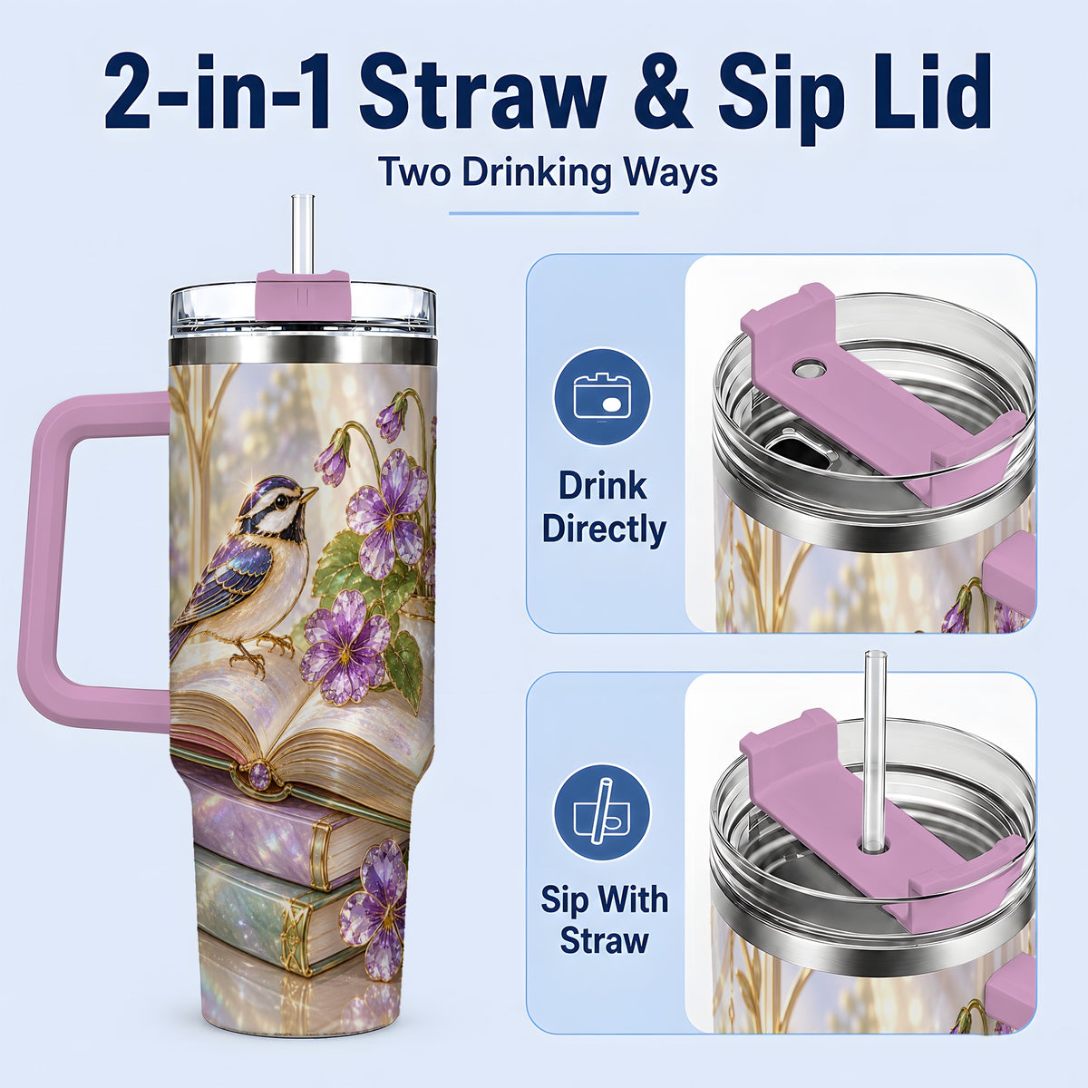 #pl[40oz|Pink] Blue Bird Purple Flowers 40oz Tumbler for Book Lovers