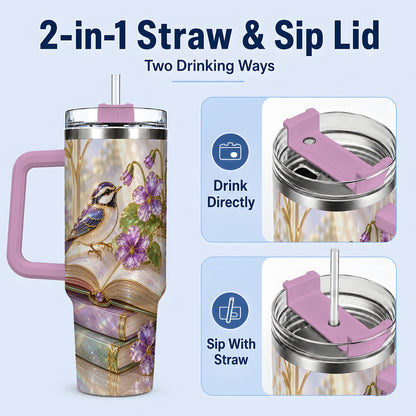 #pl[40oz|Pink] Blue Bird Purple Flowers 40oz Tumbler for Book Lovers