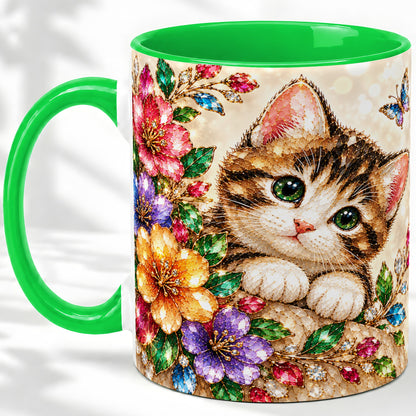 #pl[11oz|Green] Floral Kitten Accent Mug, Ceramic Mug with Colorful Artwork