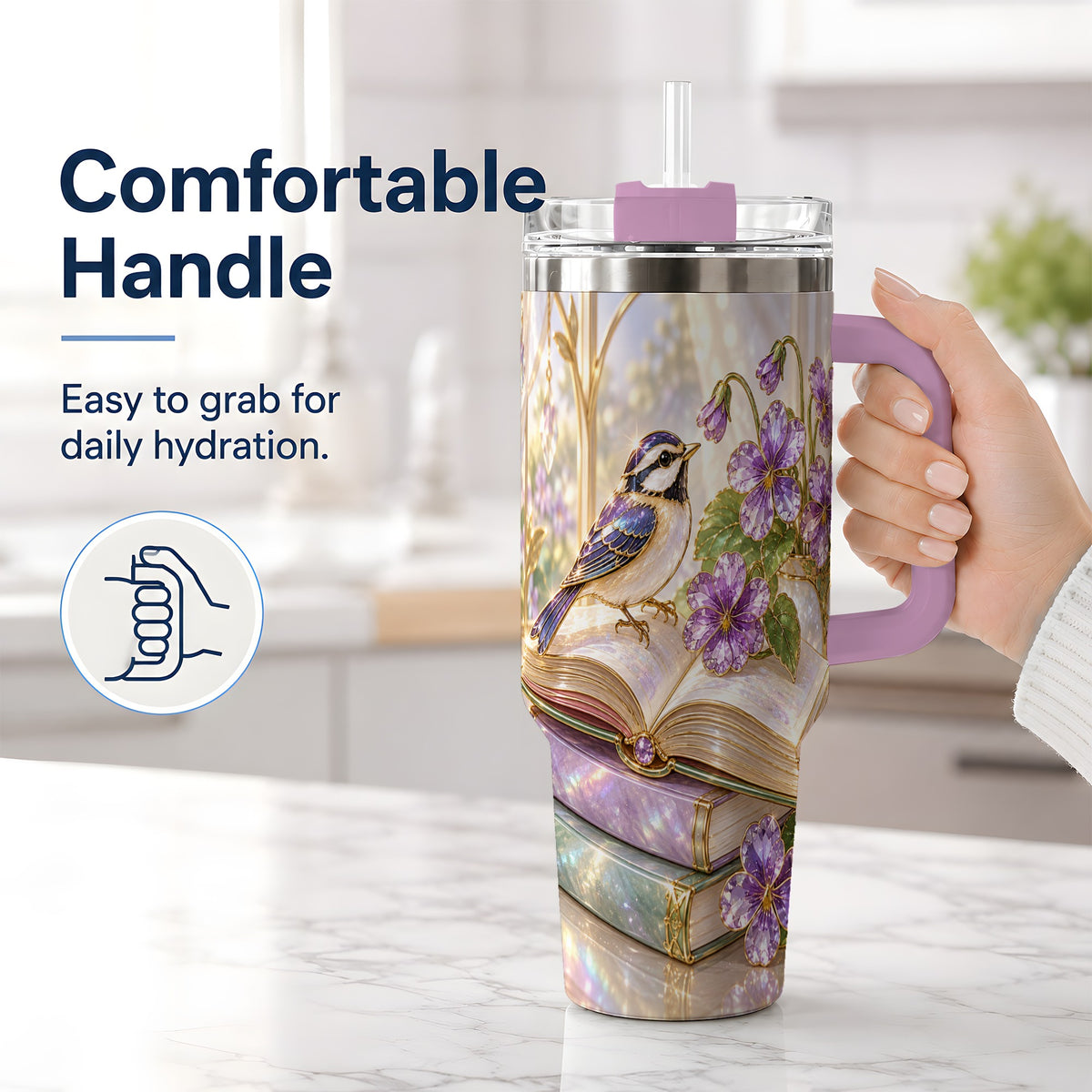 #pl[40oz|Pink] Blue Bird Purple Flowers 40oz Tumbler for Book Lovers