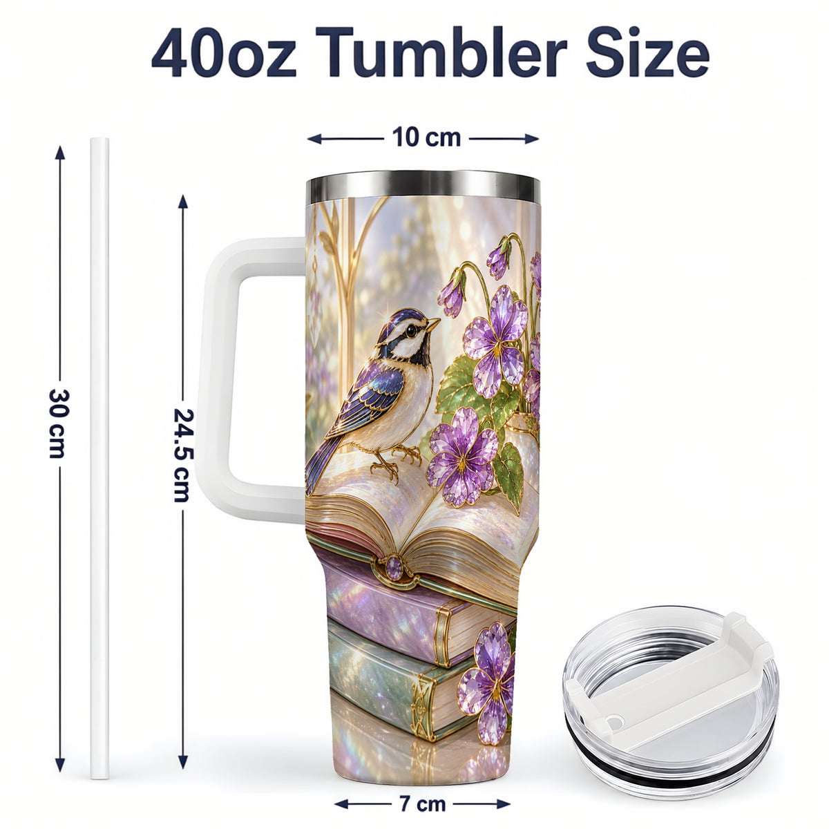 #pl[40oz|White] Blue Bird Purple Flowers 40oz Tumbler for Book Lovers