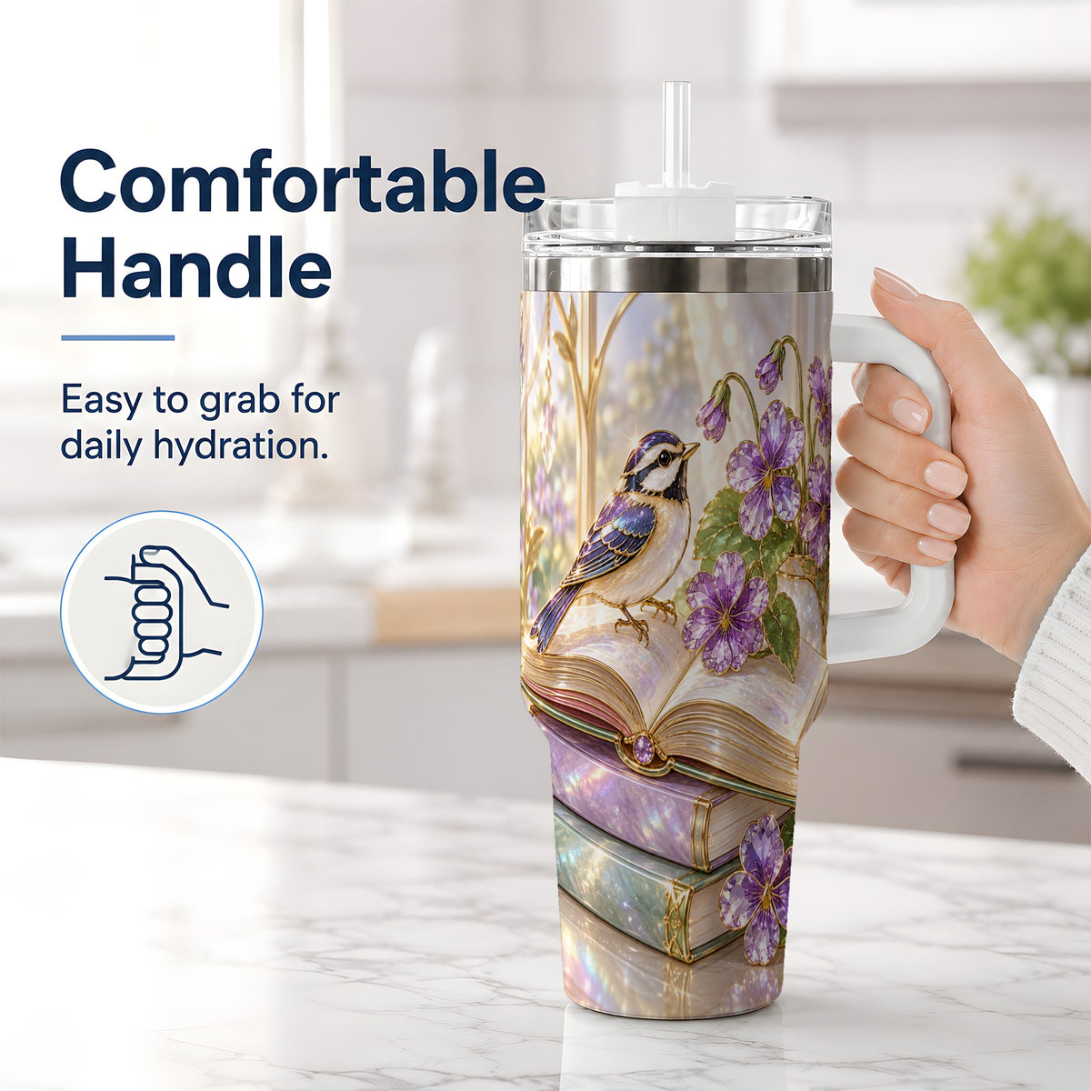 #pl[40oz|White] Blue Bird Purple Flowers 40oz Tumbler for Book Lovers