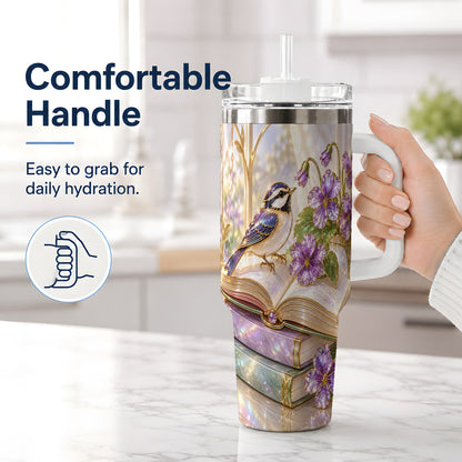 #pl[40oz|White] Blue Bird Purple Flowers 40oz Tumbler for Book Lovers