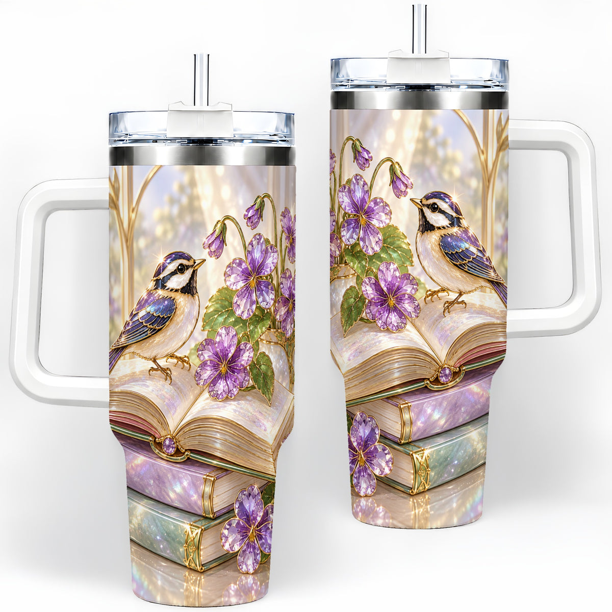 Blue Bird Purple Flowers 40oz Tumbler for Book Lovers