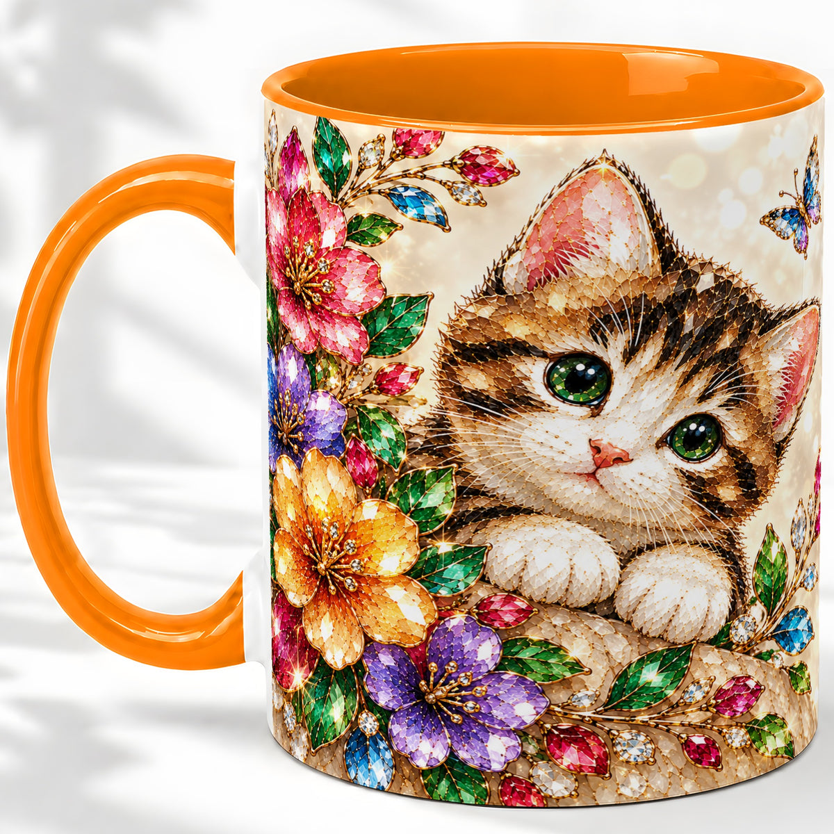 #pl[11oz|Orange] Floral Kitten Accent Mug, Ceramic Mug with Colorful Artwork
