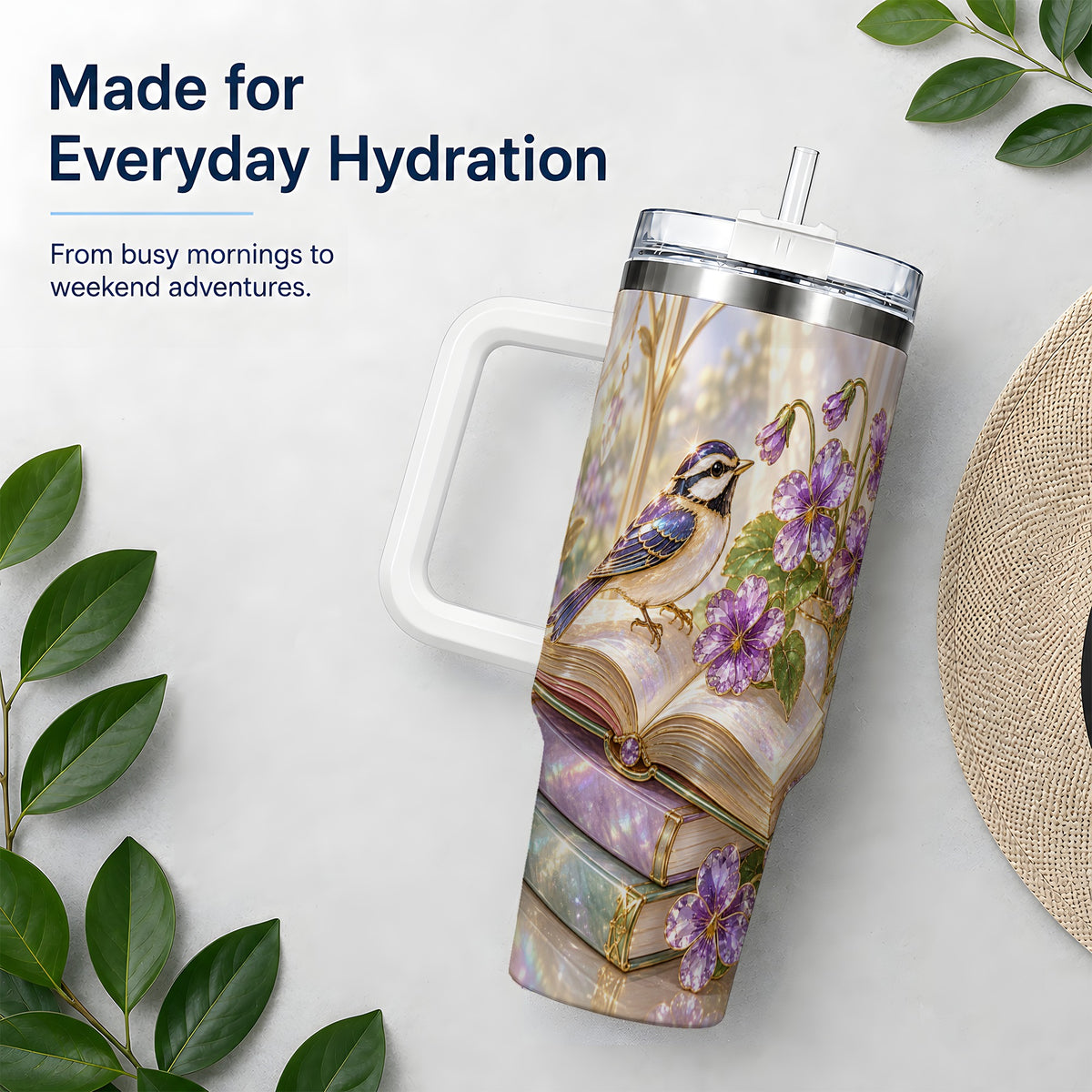 Blue Bird Purple Flowers 40oz Tumbler for Book Lovers