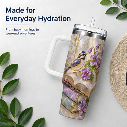 Blue Bird Purple Flowers 40oz Tumbler for Book Lovers