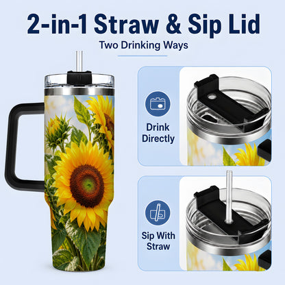 #pl[40oz|Black] Sunflower Tumbler, 40oz Stainless Steel Drinkware with Floral Artwork