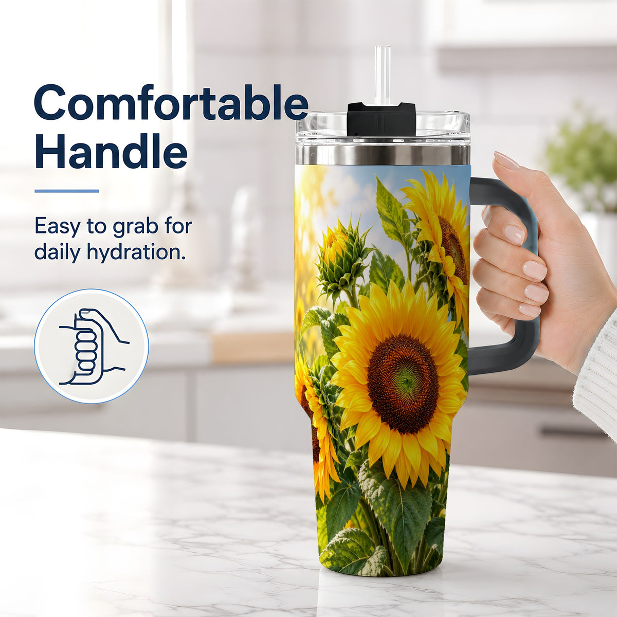 #pl[40oz|Black] Sunflower Tumbler, 40oz Stainless Steel Drinkware with Floral Artwork