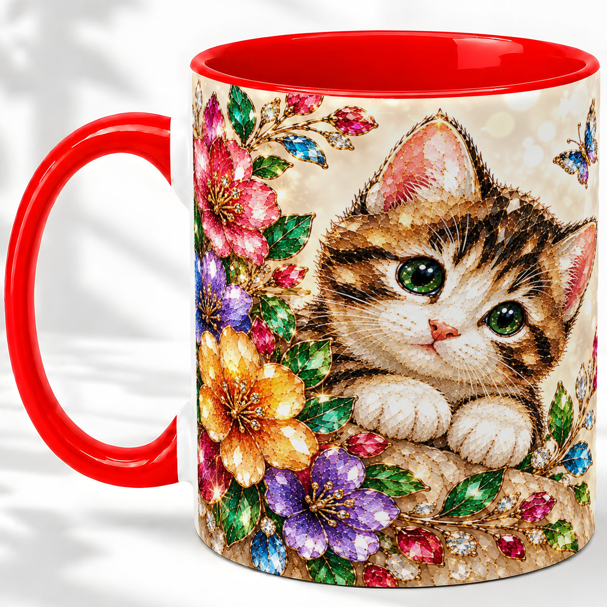Floral Kitten Accent Mug, Ceramic Mug with Colorful Artwork