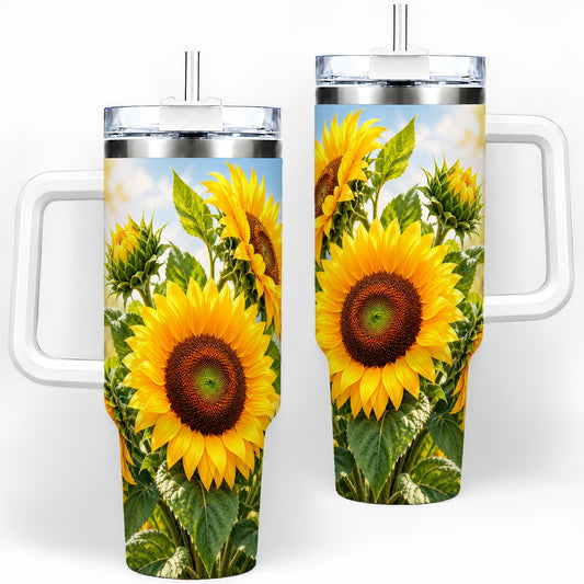 Sunflower Tumbler, 40oz Stainless Steel Drinkware with Floral Artwork