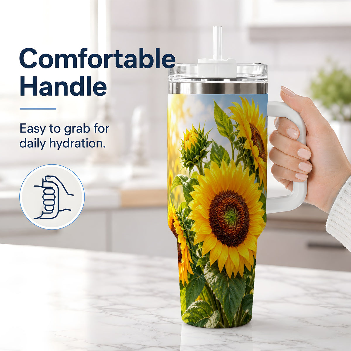 #pl[40oz|White] Sunflower Tumbler, 40oz Stainless Steel Drinkware with Floral Artwork