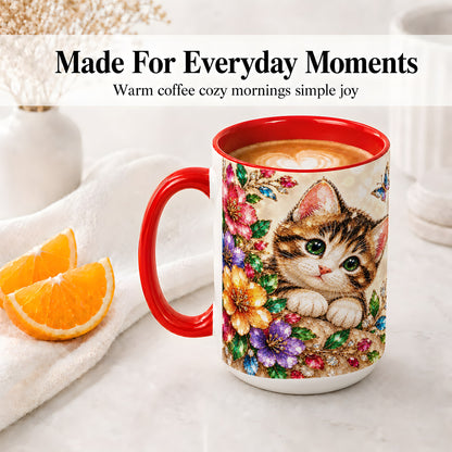 #pl[15oz|Red] Floral Kitten Accent Mug, Ceramic Mug with Colorful Artwork