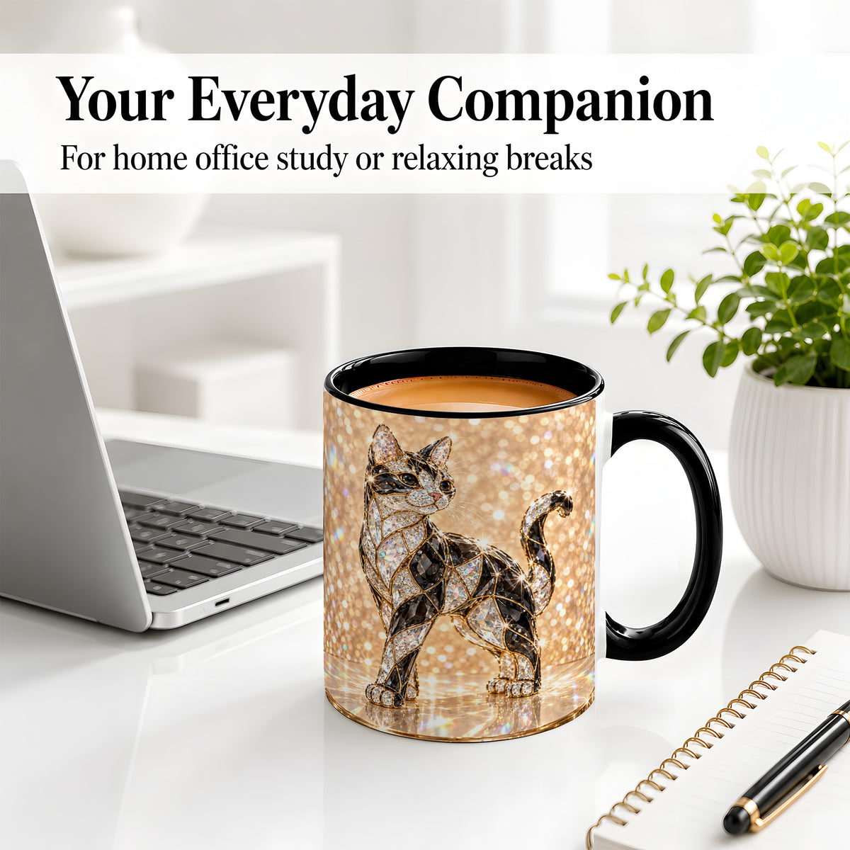#pl[11oz|Black] Jeweled Cat Accent Mug, Ceramic Mug with Faceted Cat Artwork