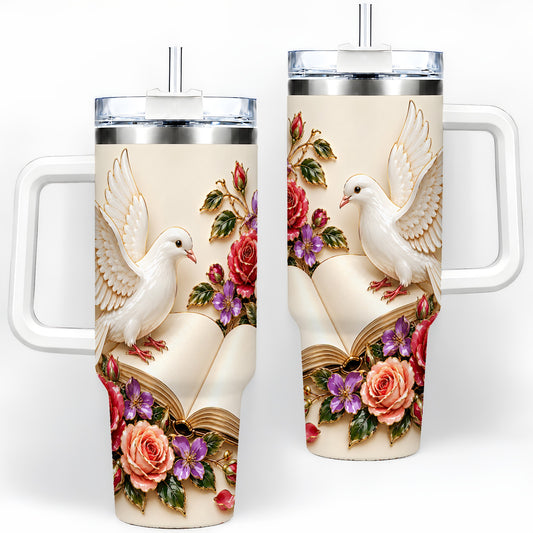 White Dove Floral Tumbler, 40oz Stainless Steel Drinkware with Roses