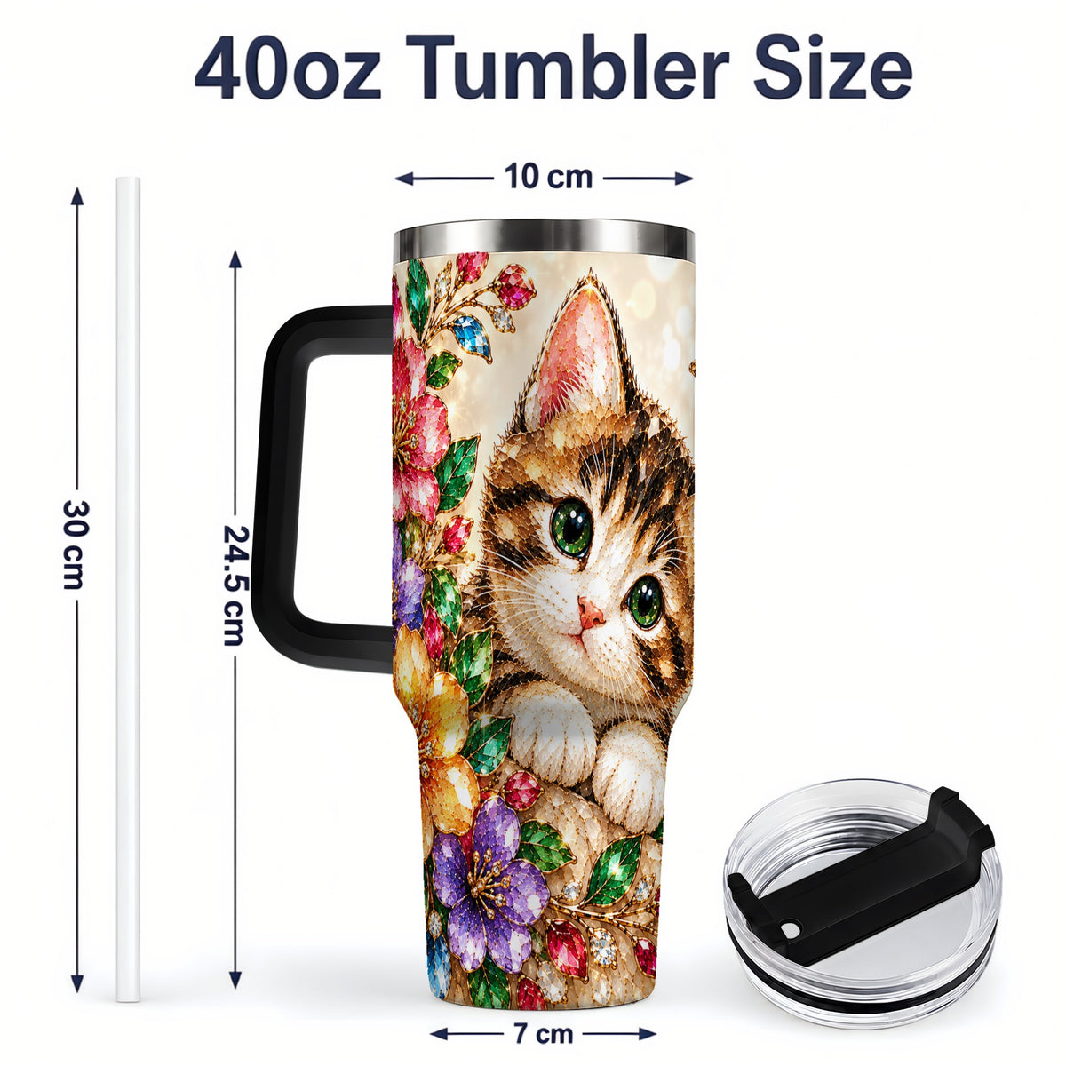 #pl[40oz|Black] Floral Kitten Tumbler, 40oz Stainless Steel Drinkware with Cat Artwork