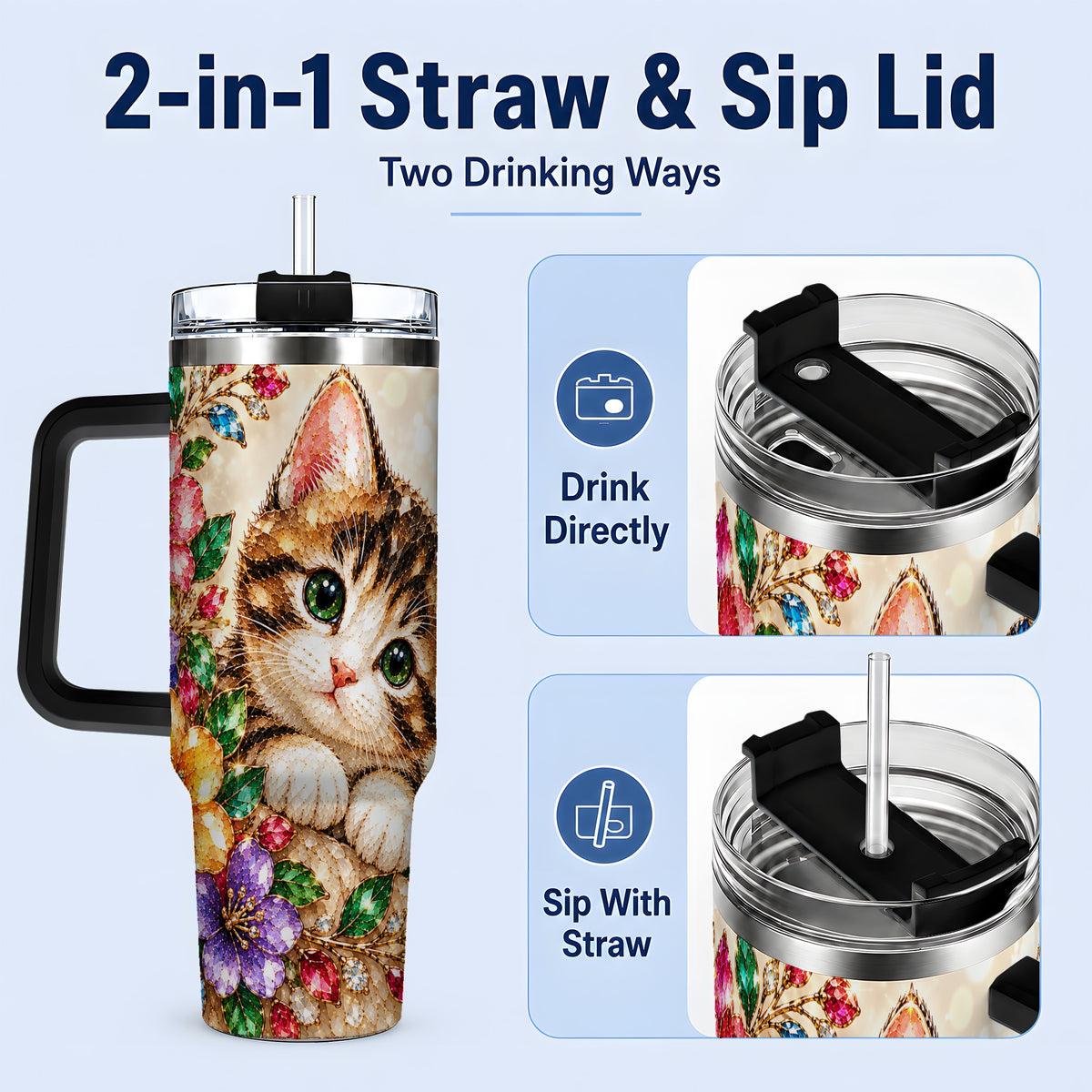 #pl[40oz|Black] Floral Kitten Tumbler, 40oz Stainless Steel Drinkware with Cat Artwork
