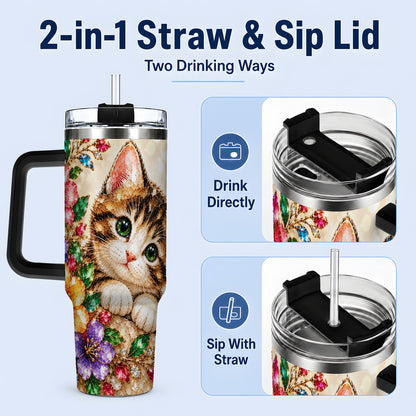 #pl[40oz|Black] Floral Kitten Tumbler, 40oz Stainless Steel Drinkware with Cat Artwork
